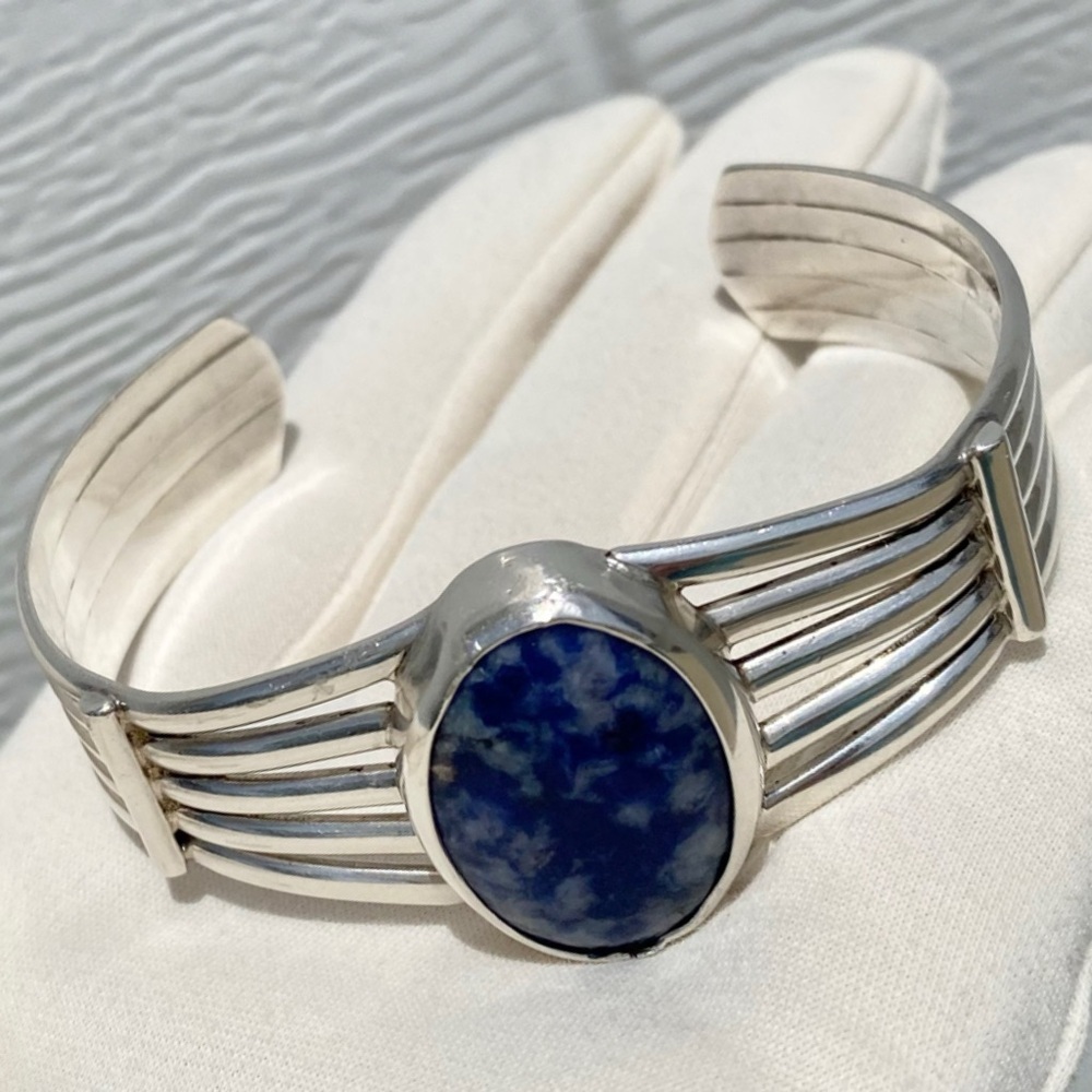 Signed - Sterling Silver and Sodalite Cuff Bracelet - Picture 2 of 15